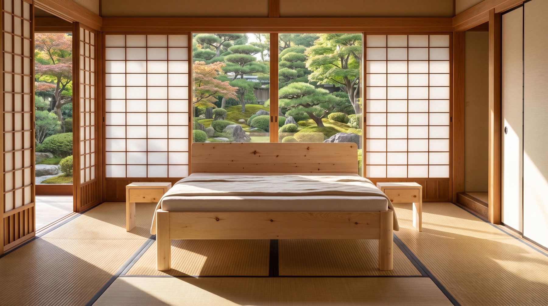 Zirbenbett in einem Schlafzimmer mit Shoji und Blick in einen japanischen Garten